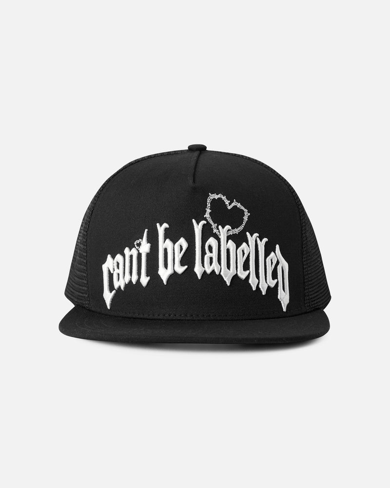 CAN'T BE LABELLED Trucker Hat — embroidered full brand name, structured fit, British streetwear cap