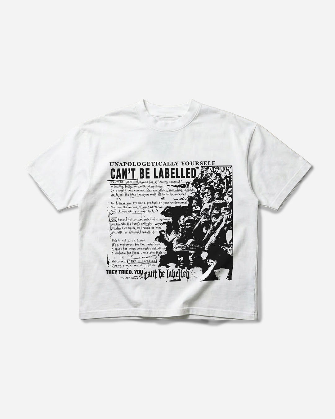 CAN'T BE LABELLED Statement Tee Flat White — 260gsm heavyweight cotton, oversized fit, British luxury streetwear