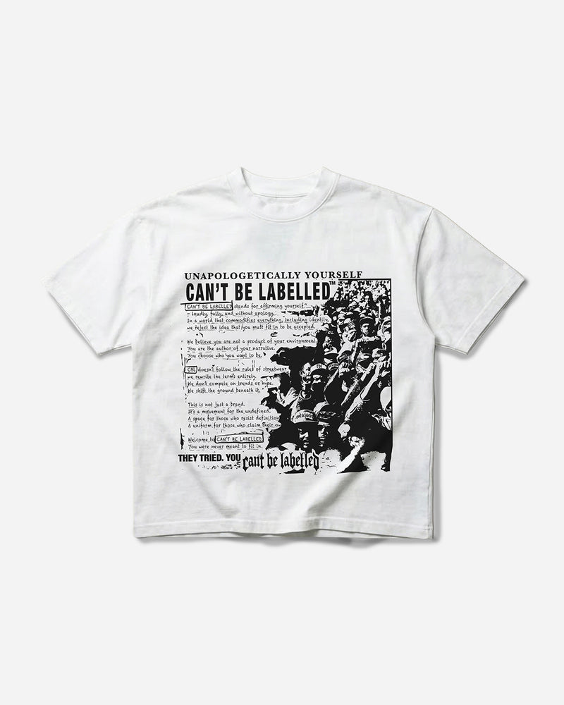 CAN'T BE LABELLED Statement Tee Flat White — 260gsm heavyweight cotton, oversized fit, British luxury streetwear