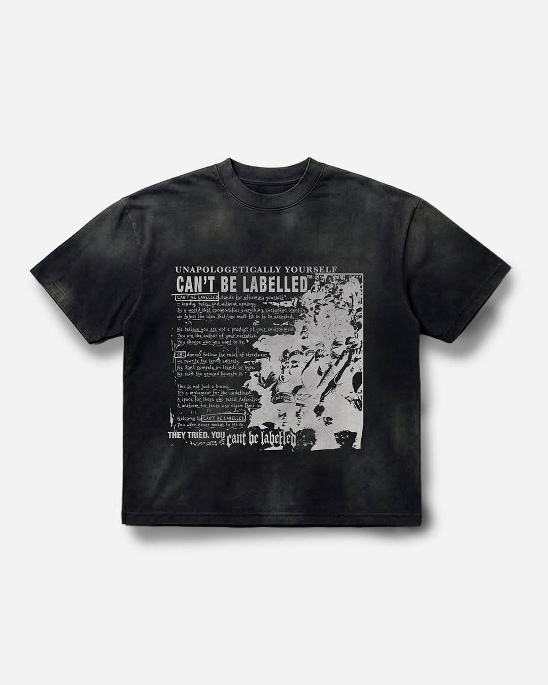 CAN'T BE LABELLED Statement Tee Vintage Black — 260gsm heavyweight cotton, vintage wash, British luxury streetwear