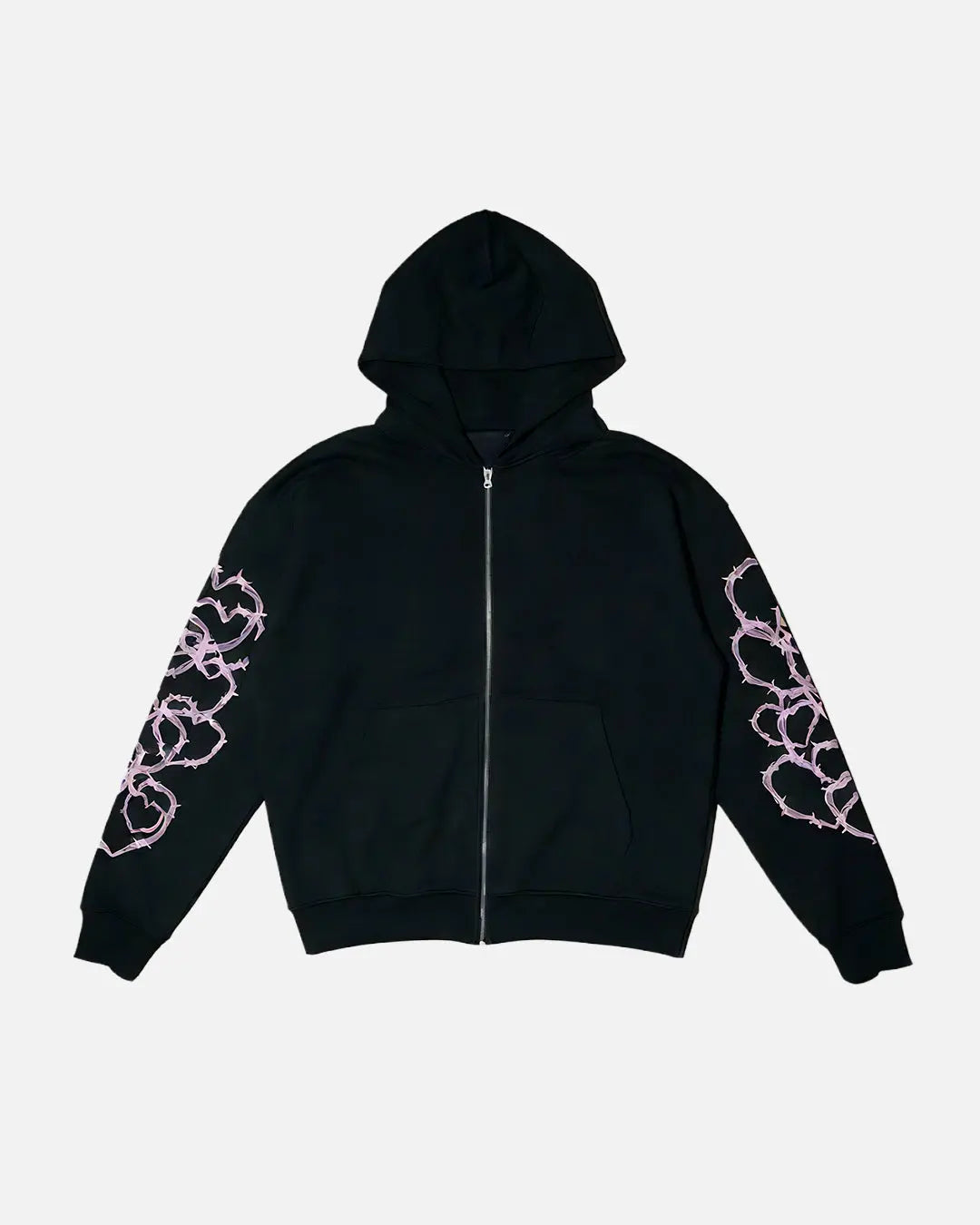 CAN'T BE LABELLED Zip Hoodie Black Pink — barbed wire heart graphics, heavyweight fleece, oversized fit