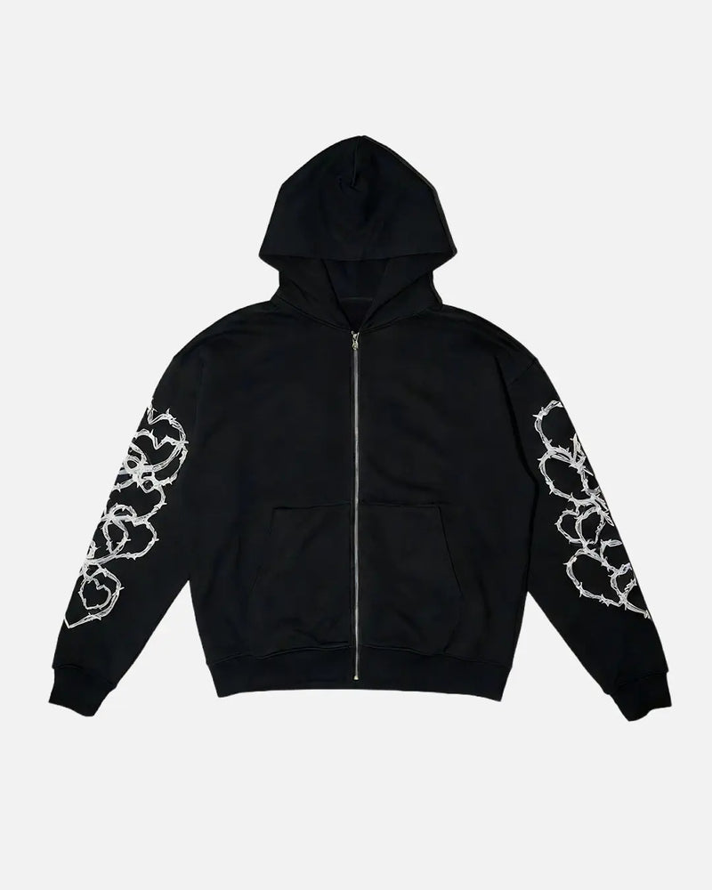 CAN'T BE LABELLED Zip Hoodie Black White — barbed wire heart graphics, heavyweight fleece, oversized fit